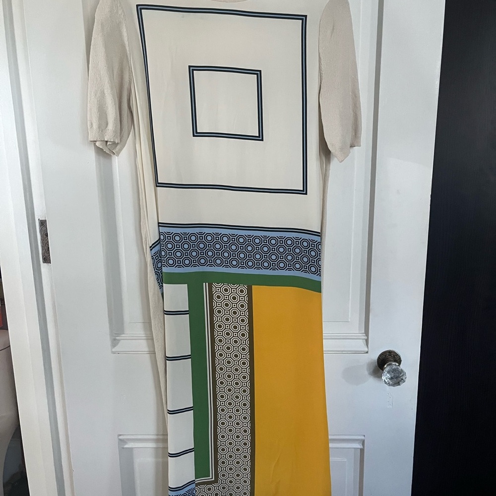 Tory Burch Cream, Blue, Green & Mustard Geometric Midi Dress - Picture 4 of 6